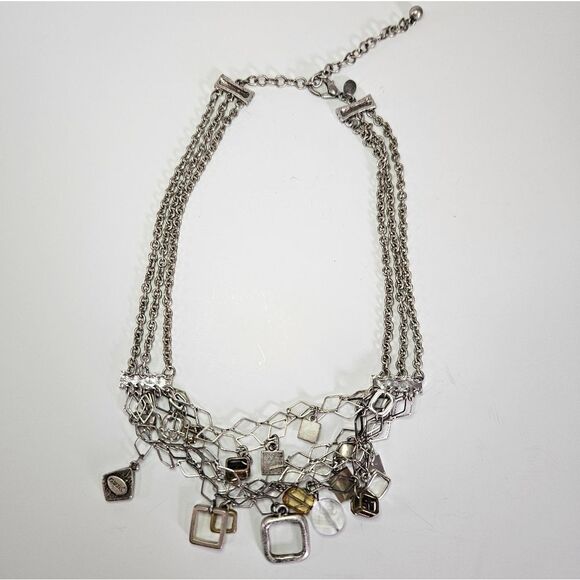 Vintage Chico's Multi-Strand Rhinestone Charm Chunky Silver Tone Necklace - Picture 5 of 9